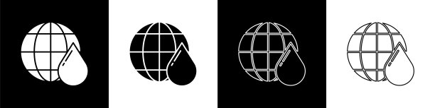 设置地球行星在水滴图标孤立的黑色和白色背景。45、节约用水，保护世界环境。矢量图图片下载