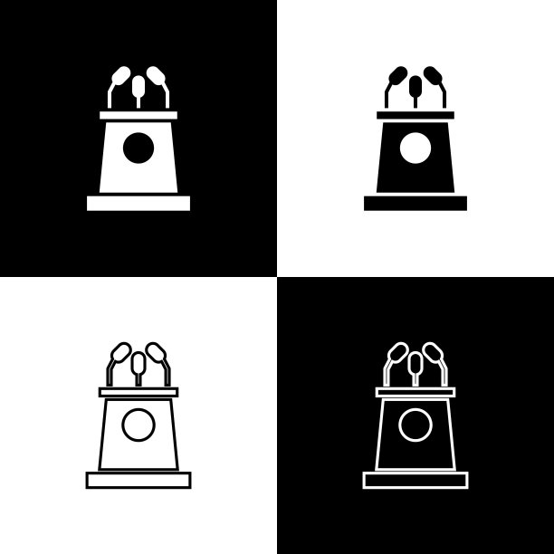 设置舞台台或辩论台，讲台图标孤立在黑白背景上。论坛会议上演讲。矢量图图片下载