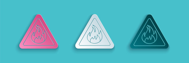 剪纸火火焰三角形图标孤立在蓝色背景。易燃物品警告标志。纸艺术风格。矢量图图片下载