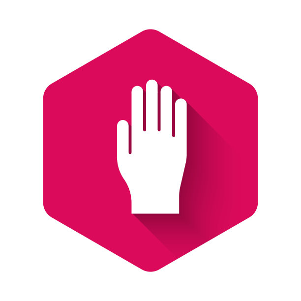 白色医用橡胶手套图标与长阴影隔离。保护橡胶手套。粉红色的六角按钮。矢量图图片下载