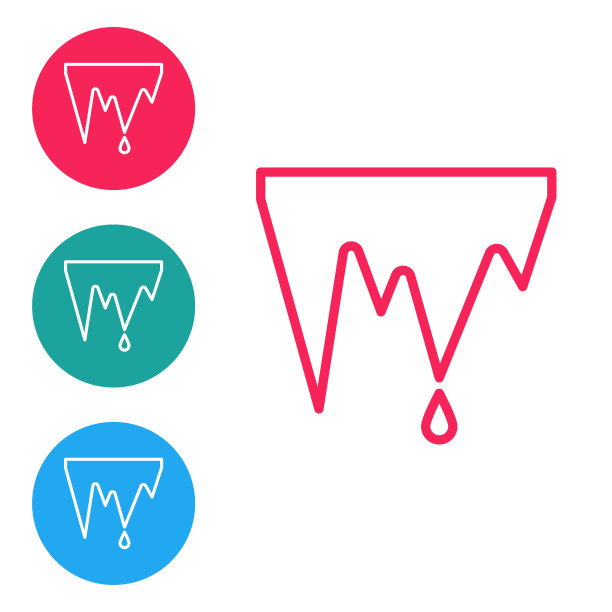 红线，冰柱图标孤立在白色背景上。钟乳石,冰尖刺。冬天天气好，雪花结晶体。在圆形按钮中设置图标。矢量图图片下载