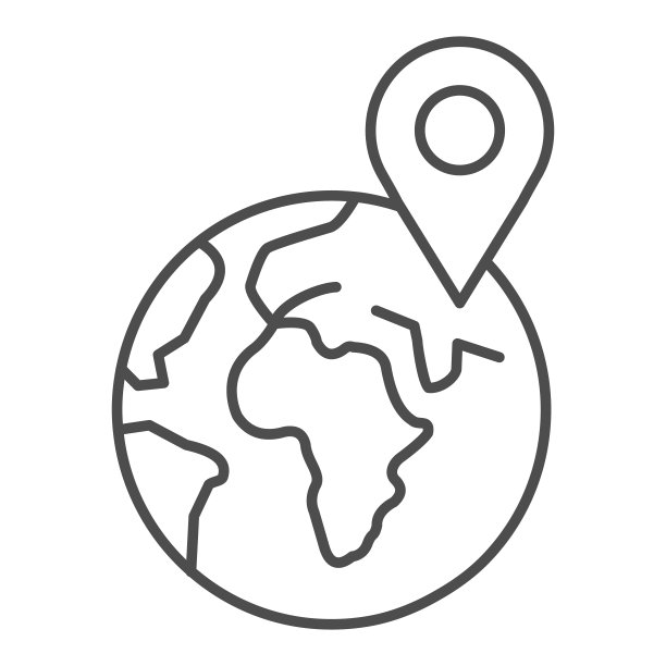 行星地球与指针细线图标，交付和物流符号，交付位置行星地球矢量标志上的白色背景，全球交付图标轮廓。矢量图形。图片下载