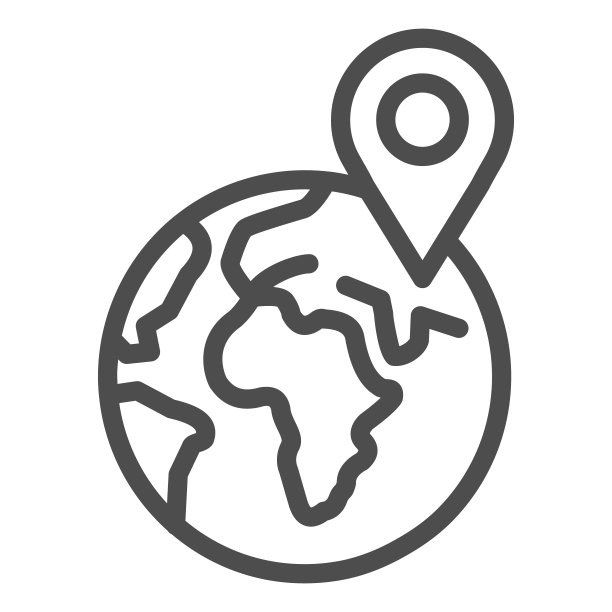 行星地球与指针线图标，交付和物流符号，交付位置行星地球矢量标志上的白色背景，全球交付图标轮廓。矢量图形。图片下载