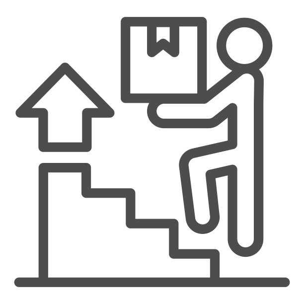 快递员在楼梯上用方框线图标、物流配送符号、将包裹分发给客户家矢量标志在白色背景上，男子用方框爬上楼梯的图标轮廓。向量。图片下载