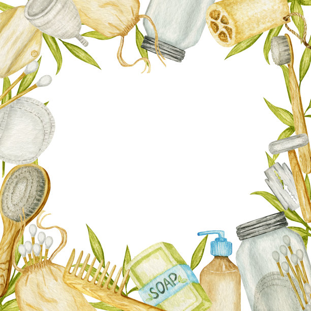 零浪费浴室配件框架。天然剑麻刷，木梳子，固体肥皂，洗发棒，安全剃须刀，玻璃容器中可重复使用的化妆棉。环保卫生的概念图片下载
