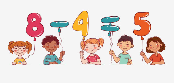有趣的孩子拿着数字气球。向量可爱的男孩和女孩收集。多民族群体的快乐儿童。不同的卡通面孔图标图片下载