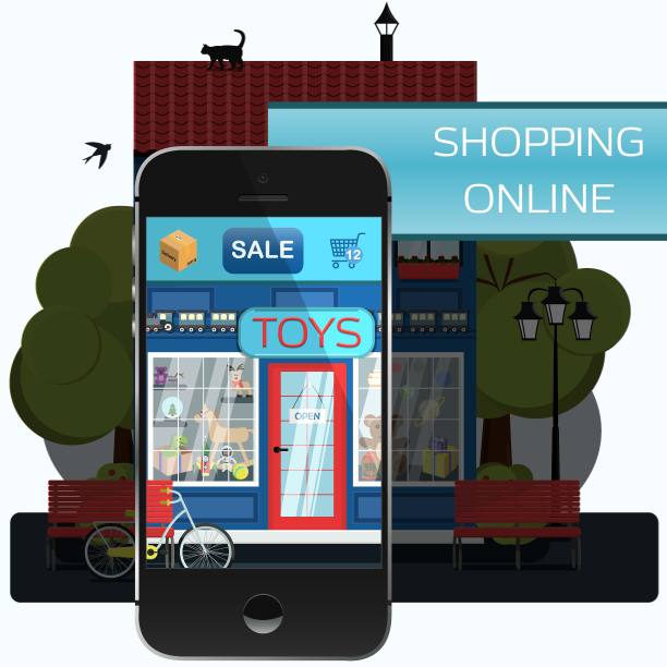 移动应用程序，儿童玩具网上商店。智能手机屏幕与形象的正面的一个玩具商店的儿童。在舒适的家中购买商品，送货上门。图片下载