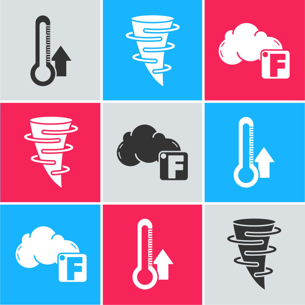 设置温度计，龙卷风和华氏温度和云图标。向量图片下载