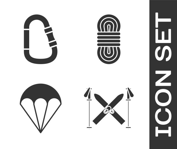 设置滑雪和棍棒，钩环，降落伞和攀登者的绳子图标。向量图片下载