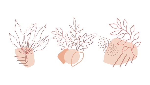 美丽的中性叶集现代几何形状孤立在白色背景。时尚的花卉矢量插图。手绘轮廓植物标志设计，花卉卡片，印刷。图片下载