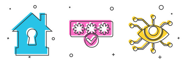 设置房子保护，密码保护和安全访问和眼睛扫描图标。向量图片下载