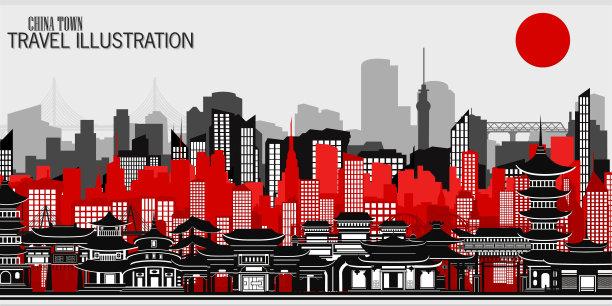 带有中国传统建筑的矢量贺卡图片下载