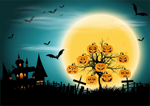 快乐万圣节恐怖之夜-头南瓜-现代设计理念和概念矢量插图信息图模板城堡，树，草，月亮，坟墓。图片下载