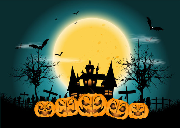 快乐万圣节恐怖之夜-头南瓜-现代设计理念和概念矢量插图信息图模板城堡，树，草，月亮，坟墓。图片下载