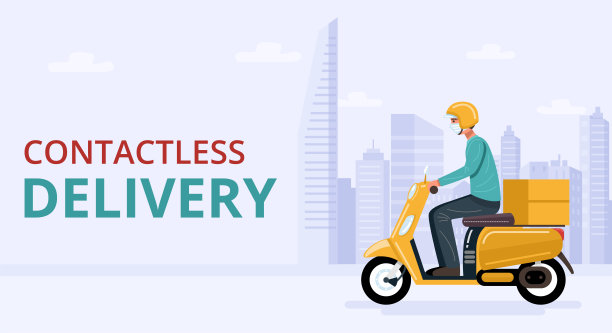非接触式交付。送货员戴着口罩骑着小摩托车图片下载