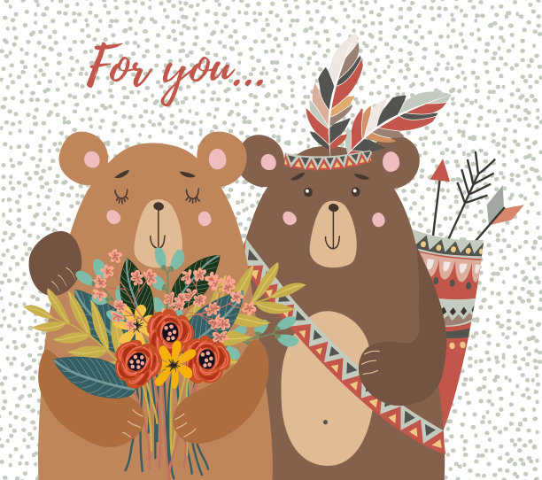 手绘可爱的两只小熊和花束图片下载