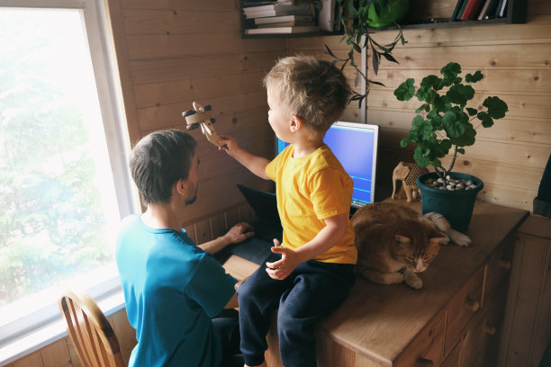 父亲自由职业者尝试在家工作，儿子和猫坐在一起玩耍，生活方式工作场所图片下载