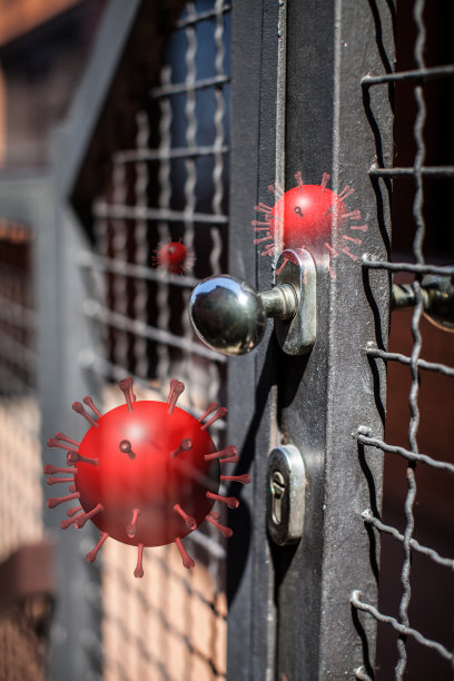 金属门把手上的冠状病毒细胞3d图图片下载