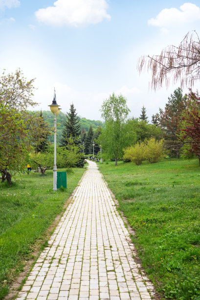 石质步道穿过城市公共公园，以绿色草坪和树木构成蓝天背景。图片下载