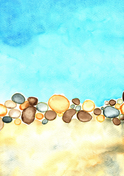 河岸以水、岩礁和沙为手绘水彩背景。图片下载