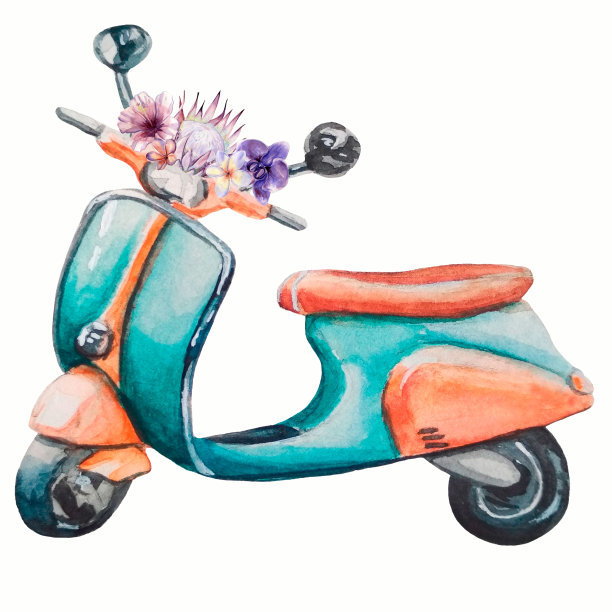 水彩手绘复古绿松石和橙色摩托车与花束方向盘。图片下载