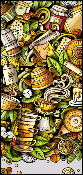 茶手画涂鸦横幅。卡通详细的传单。图片下载