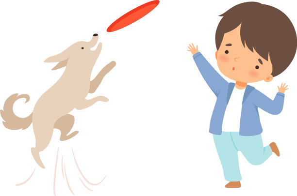 小男孩把盘子扔给他的狗素材图片