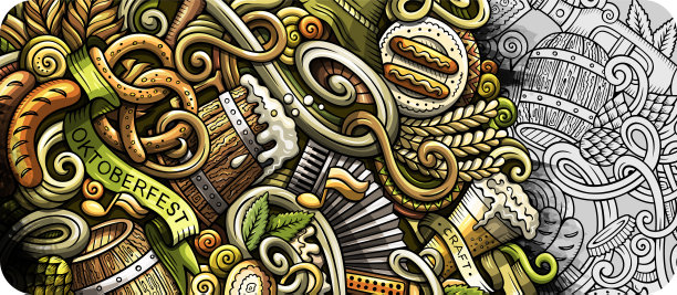 啤酒节手绘涂鸦横幅。卡通详细的传单。图片下载