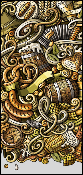 啤酒节手绘涂鸦横幅。卡通详细的传单。图片下载