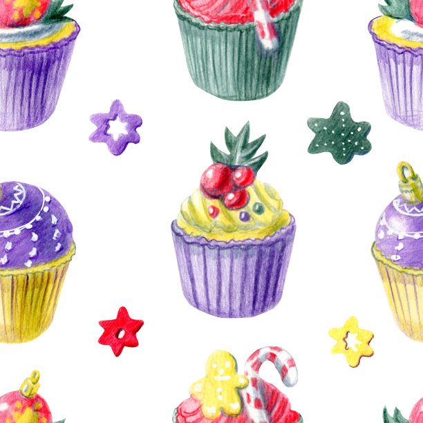 无缝图案手绘圣诞纸杯蛋糕和不同的装饰。黄、红、紫、绿调色板。为模板，菜单卡，邀请，问候和明信片。图片下载