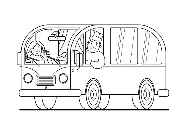 在小型货车上旅行的一家人：男人开车，女人挥手。复古小型货车中的快乐卡通人物。公路旅行，暑假，轮廓矢量插画图片下载