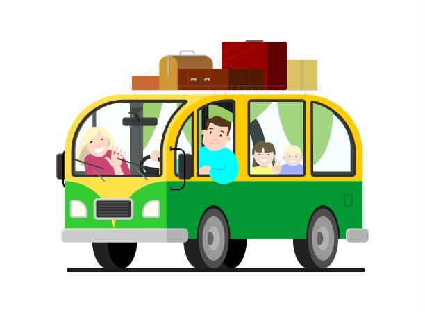 乘坐小型货车的家庭旅行;父亲开车，母亲开车，孩子开车;露营。快乐的卡通人物坐在复古小货车里的孩子们。公路旅行，暑假。车顶行李架、行李、手提箱。图片下载