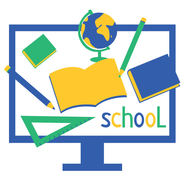 碑文的学校。学校的物品都在电脑屏幕上。网上学校的现代设计理念。明亮的向量现代平面插图孤立在白色背景。图片下载