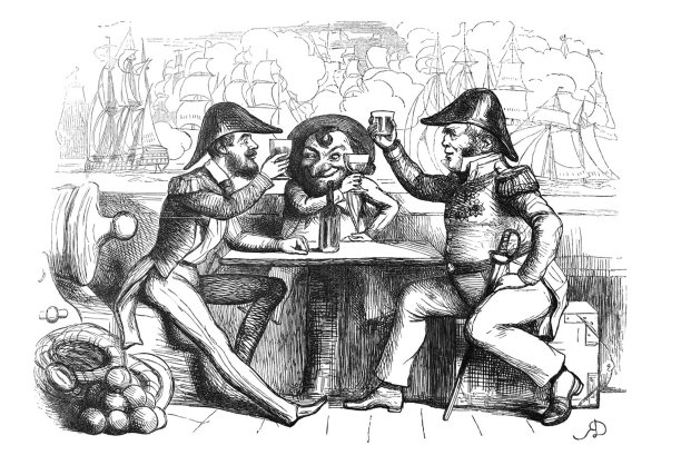 英国讽刺漫画漫画漫画插图-男人在军事制服举起酒杯敬酒图片下载