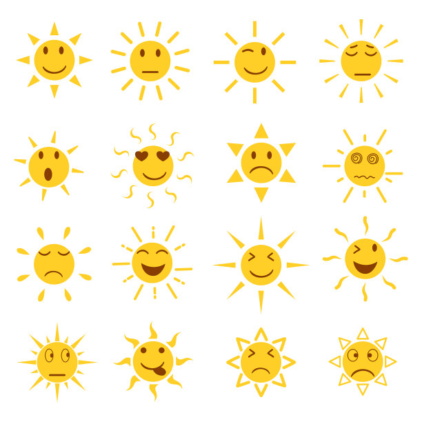 一套太阳表情孤立在白色背景。图片下载