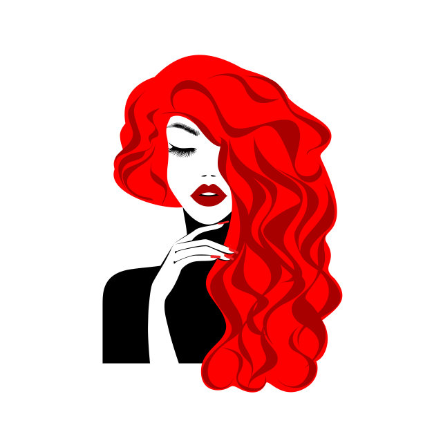 美丽性感的脸庞，红润的嘴唇，手握红色美甲指甲，时尚女性，元素设计，美甲工作室，卷发发型，发廊标志，图标。美丽的标志。矢量插图。手绘的风格。图片下载