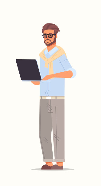商人使用笔记本电脑，商人在笔记本电脑上工作，男性卡通人物站立姿势图片下载