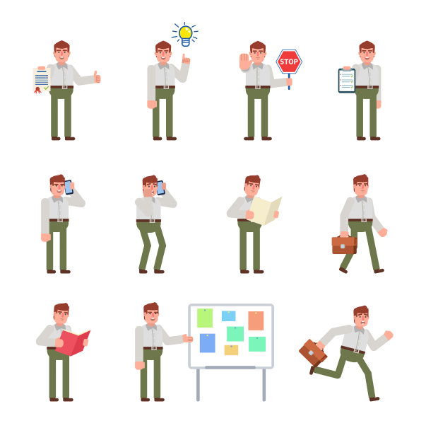 白色衬衫和绿色裤子的商人显示各种各样的行为图片下载