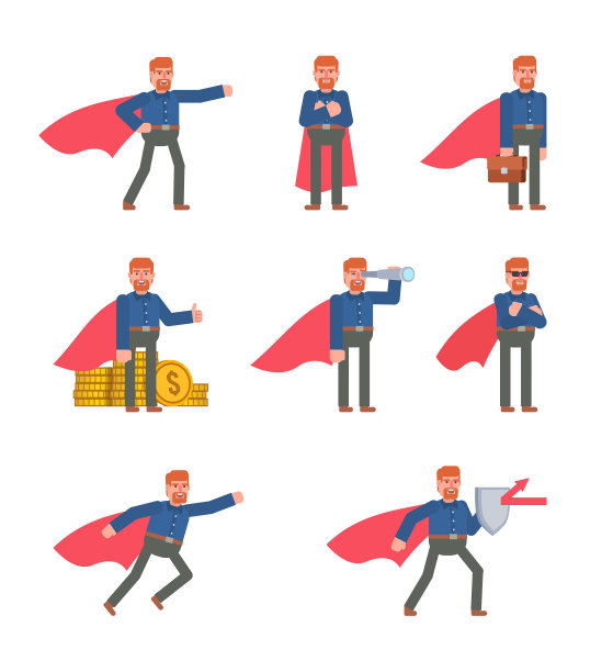 姜黄色头发的人在红色超级英雄斗篷显示各种行动图片下载