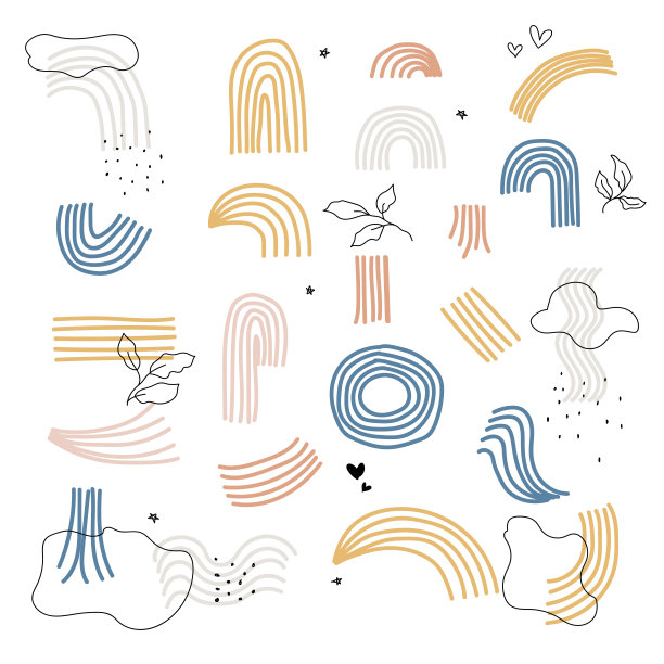 手绘各种线条和形状。彩虹的曲线和线条图案与树叶，云彩，星星，心。在白色背景上绘制元素。矢量插图。图片下载