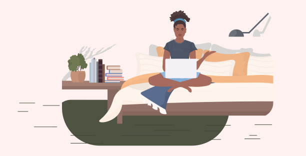 女自由职业者坐在床上用笔记本电脑呆在家里冠状病毒大流行的隔离概念图片下载