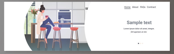 美丽的女人喝咖啡的女孩坐在凳子上的厨房柜台全长水平图片下载