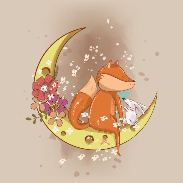 为孩子们手绘可爱的狐狸在月亮上图片下载
