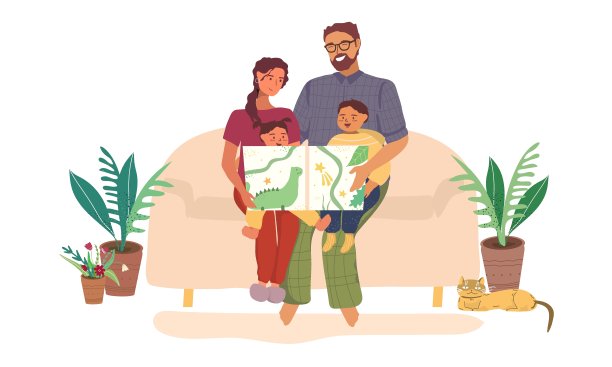 家庭阅读童话书在家矢量插图在平的风格。图片下载