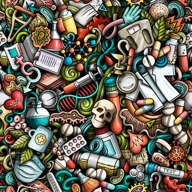 卡通可爱涂鸦手画药无缝图案。图片下载