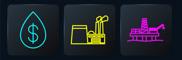 集线油滴与美元，石油平台在海上和石油工业厂房。黑色方形按钮。向量图片下载