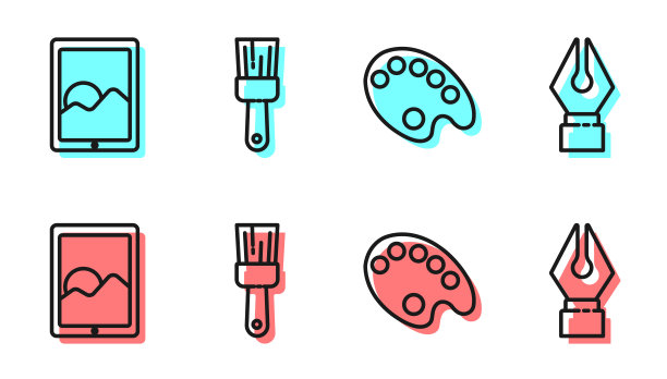 设置线条调色板，图形板，画笔和钢笔笔尖图标。向量图片下载