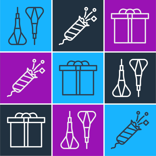 飞镖、礼品盒和烟花火箭图标矢量素材图片下载