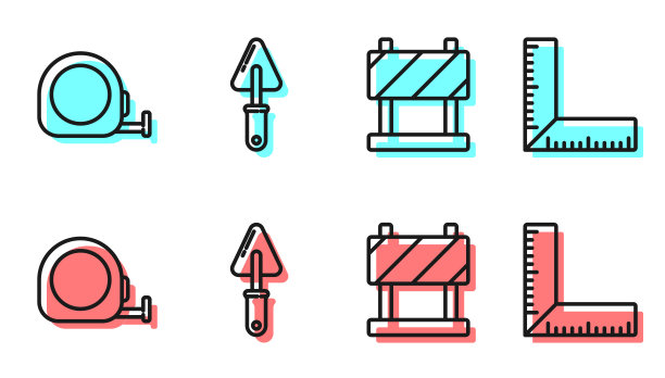 设置线道路障碍，轮盘建设，镘刀和角尺图标。向量图片下载