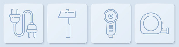 固定线电插头，角磨床，锤和轮盘构造。白色正方形按钮。向量图片下载